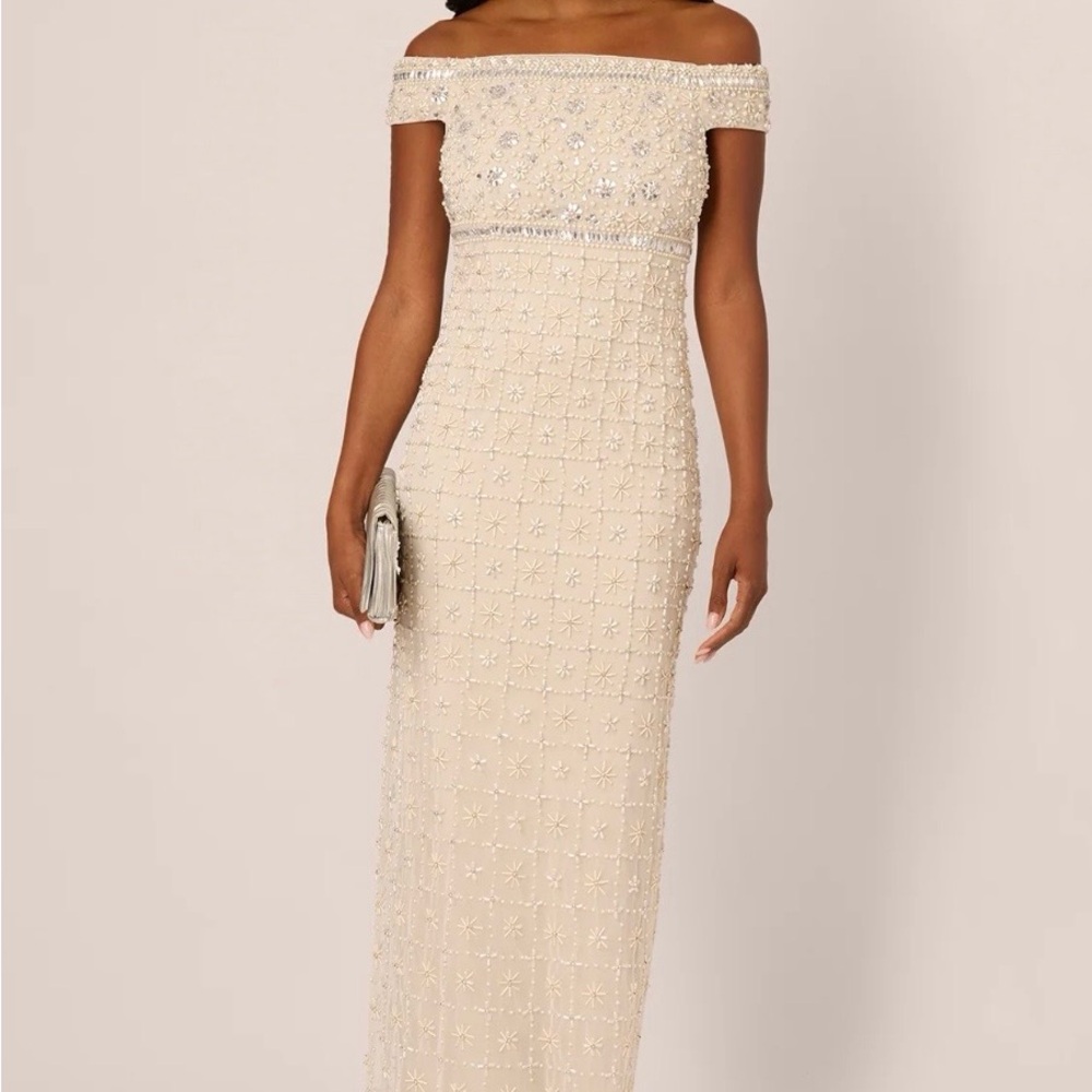 Adrianna Papell Cream Off-Shoulder Gown
